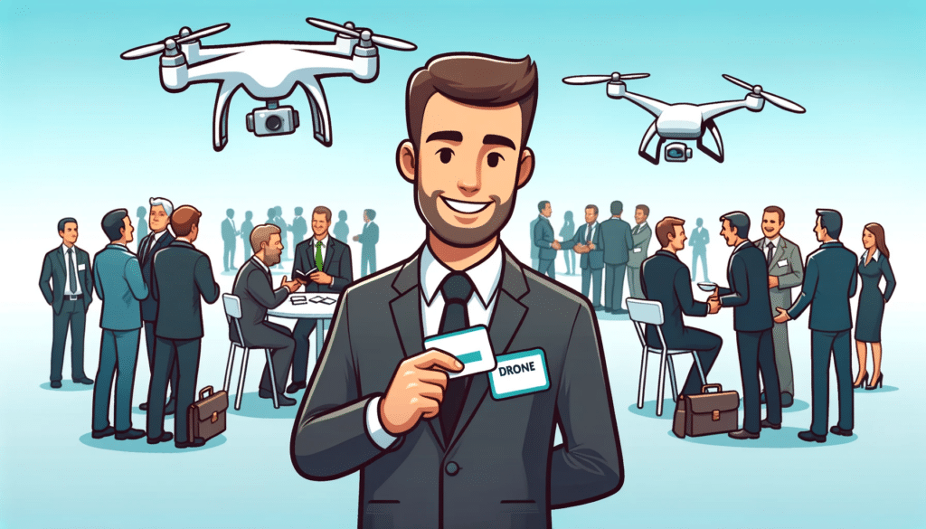 A cartoon style image of a professional attending a drone business networking event, symbolizing the importance of building connections in the industry