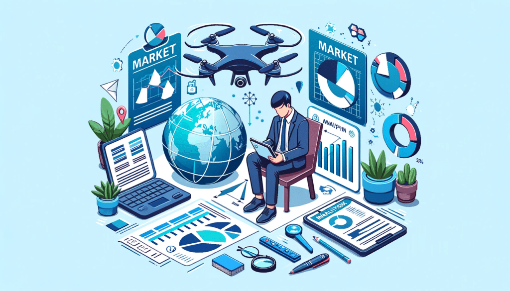 A cartoon style image of a person conducting market research, surrounded by reports, graphs, and a globe, emphasizing the global market analysis