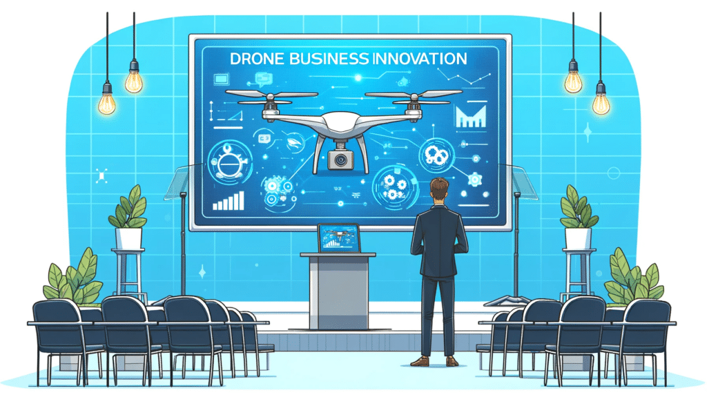 A cartoon style image of a person delivering a presentation on drone business innovation at a tech conference.