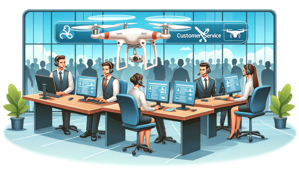 \A cartoon style image depicting a customer service center for a drone business, with agents assisting clients.