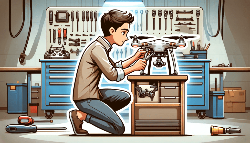 A cartoon-style image of a person performing a routine inspection on a drone. The person is closely examining the drone's propellers and frame