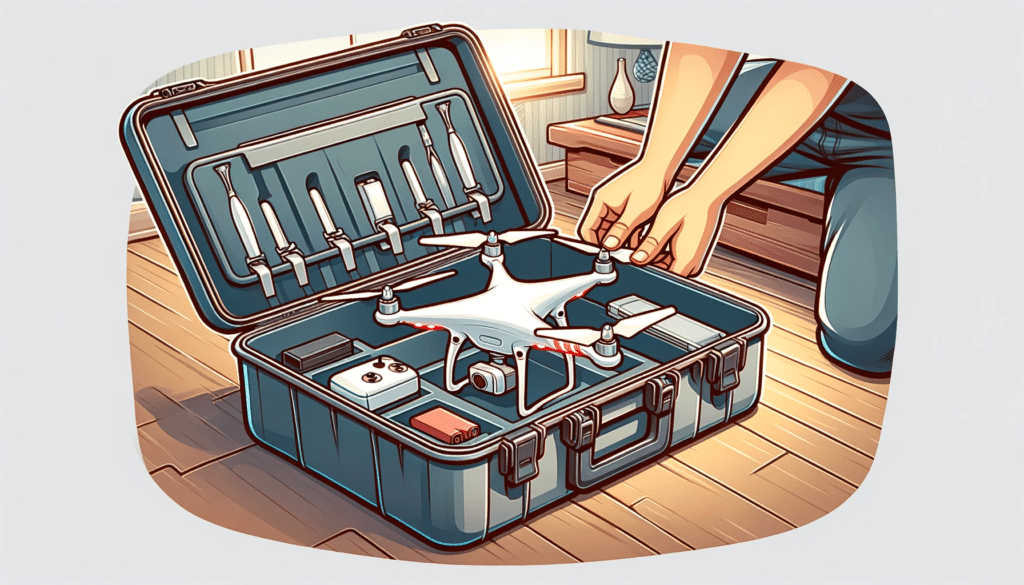 A cartoon-style image showing a drone being stored in a protective case. The case is open and the drone is being carefully placed inside the compartment