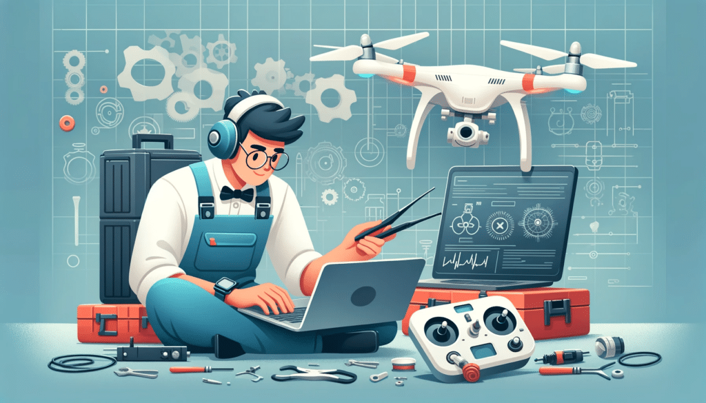 A cartoon-style image showing a drone technician troubleshooting a drone issue. The technician is using diagnostic tools and a laptop to analyze the propellors