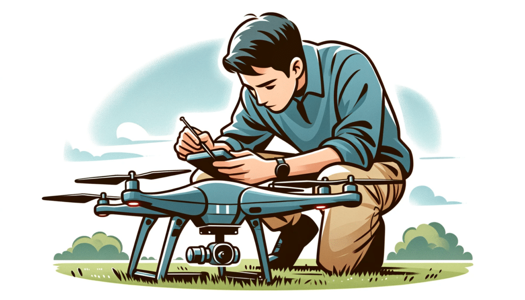 A cartoon-style image of a person performing a pre-flight inspection of a drone. The person is checking the drone's propellers and frame for any signs of damage