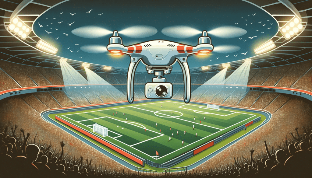 A cartoon-style image depicting a drone flying over a sports stadium, capturing aerial footage of a live football match. The drone is equipped with a Camera