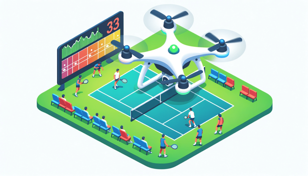 A cartoon-style image showing a drone equipped with advanced sensors flying over a tennis court, providing real-time analytics. The drone is capturing information for coaches