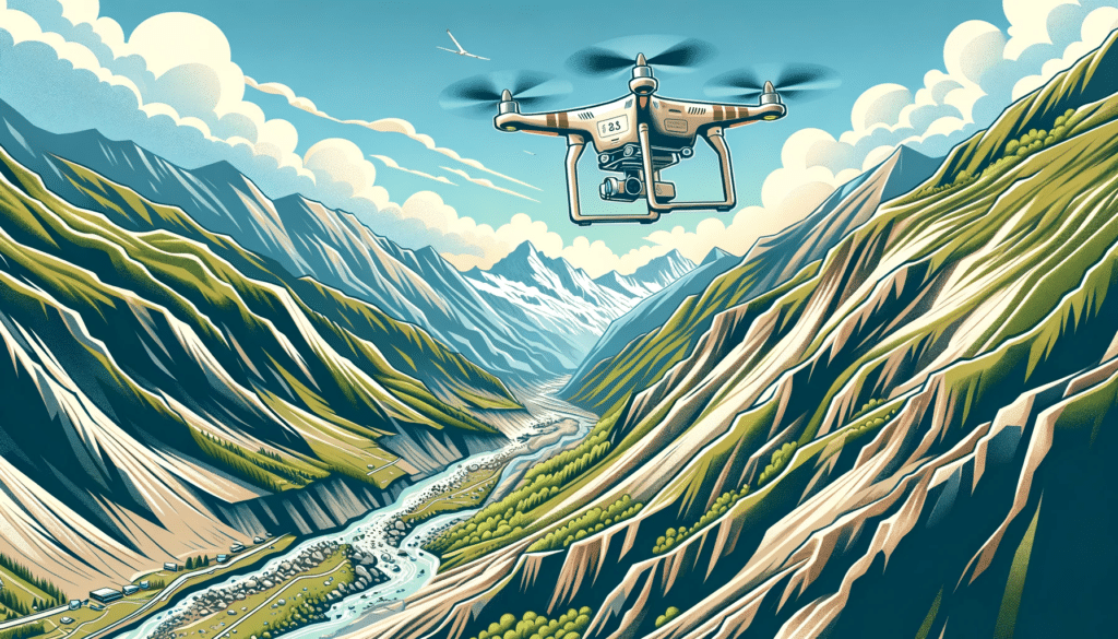 A cartoon-style image depicting a drone surveying the rugged terrain of the Swiss Alps for erosion monitoring. The drone is equipped with advanced sensor