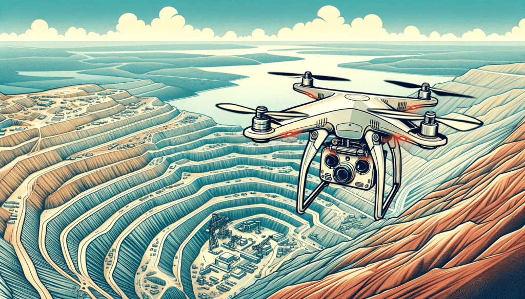 A cartoon-style image of a drone conducting a mining survey over a large open-pit copper mine. The drone is depicted with a high-resolution camera