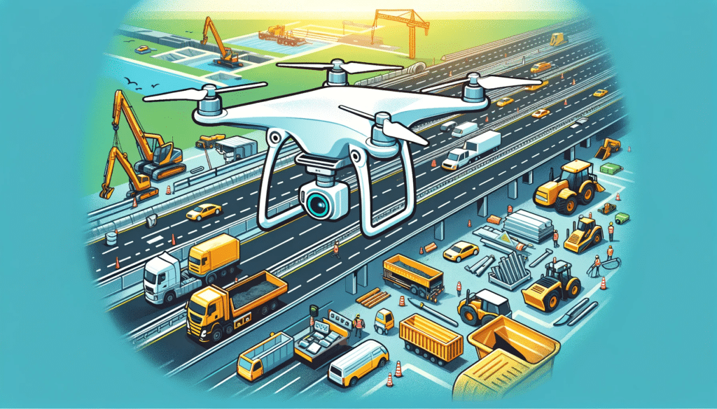 A cartoon-style image showing a drone being used for a highway construction survey. The drone is flying over a large highway construction site