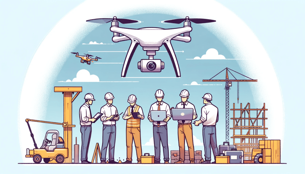 A cartoon-style image depicting a group of engineers and surveyors analyzing data from a drone survey on a laptop. They are standing at a construction site