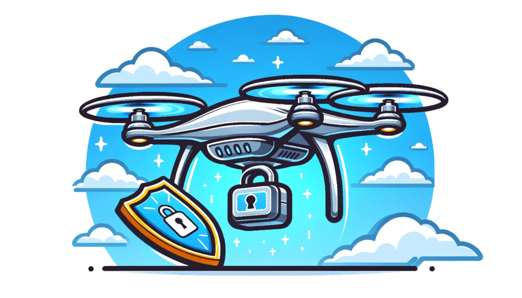 A cartoon-style image depicting a drone equipped with advanced security features flying in the sky. The drone has a sleek, modern design