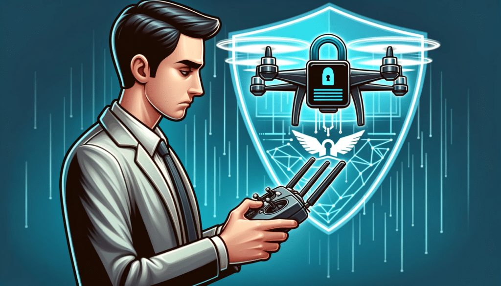A cartoon-style image of a drone operator using a secure, encrypted remote control to pilot a drone. The image reflects the importance of secure drone data