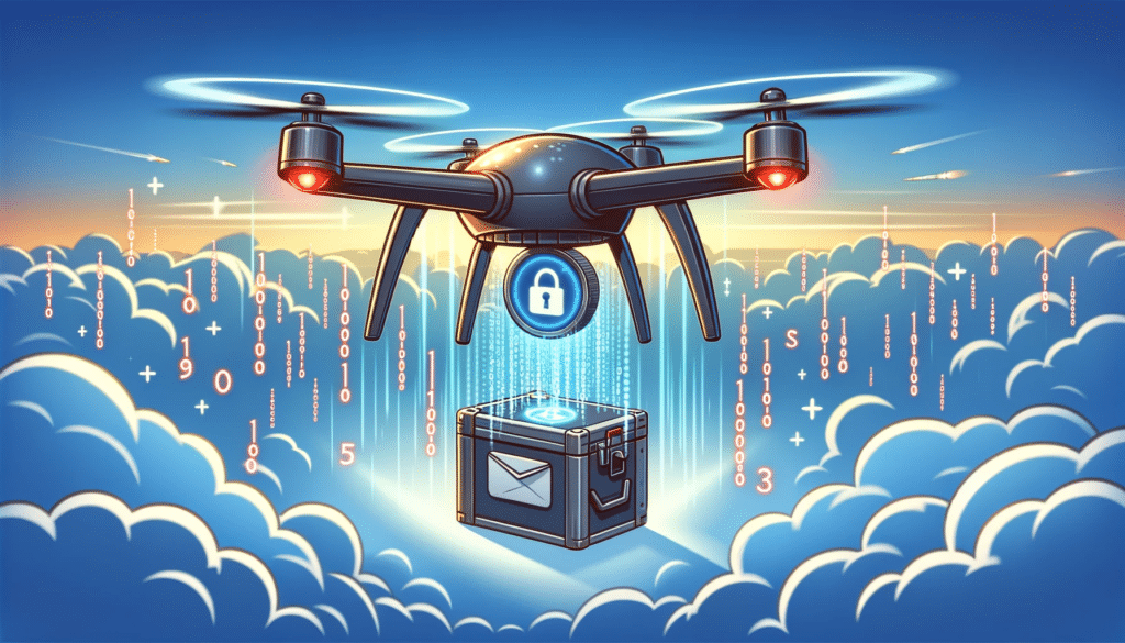 A cartoon-style image showing a drone transmitting encrypted data to a secure server. The drone is in the sky, with visible digital encryption symbols