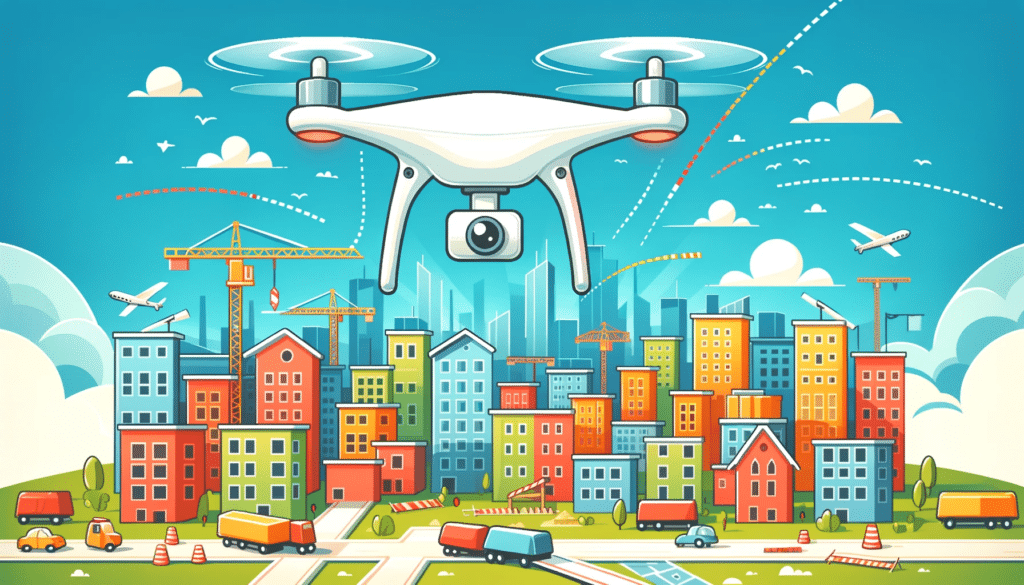 Cartoon style image of a drone flying over a construction site, with an illustrated flight path and colorful buildings in the background