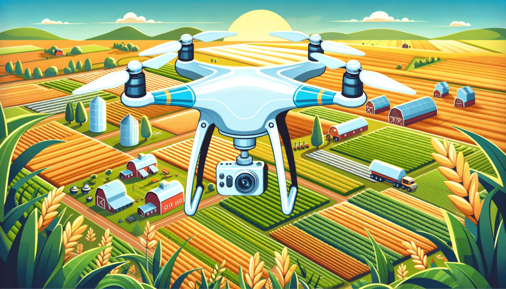 Cartoon style image of a drone equipped with cameras and sensors flying over farmland, highlighting precision agriculture