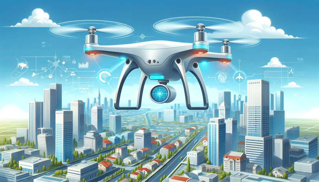 Cartoon style image of a futuristic drone with advanced sensors and AI technology flying in an urban cityscape, depicting smart city surveillance