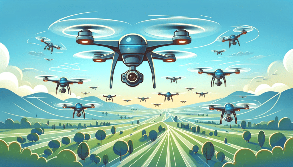 Cartoon style image of multiple drones flying in formation over a landscape, illustrating advanced coordination and swarm technology