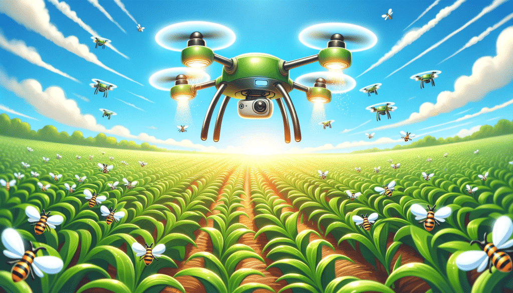 A cartoon style depiction of a drone swarm being used in agriculture, showing small drones flying over a green field, pollinating crops.