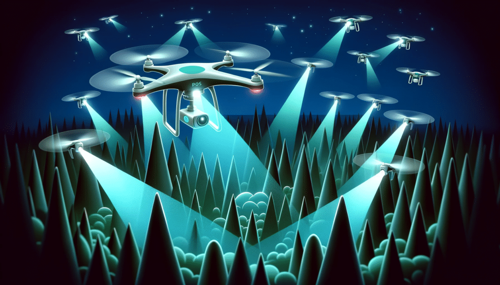 A cartoon style image of a drone swarm in a search and rescue operation. The drones are equipped with lights and sensors, flying over a dense forest