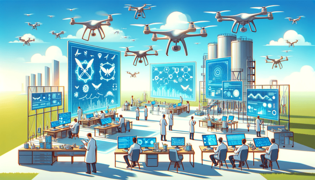 A cartoon style image depicting the research and development aspect of drone swarms, showing a high-tech laboratory with scientists and engineers working
