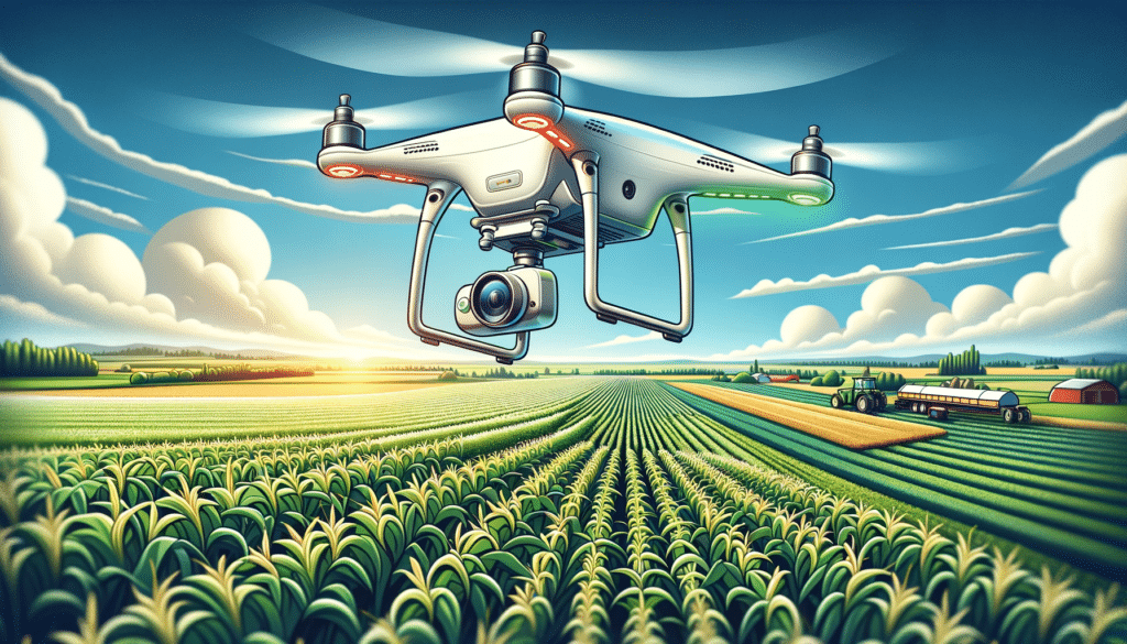 A cartoon style image depicting a drone equipped with high-resolution cameras flying over a lush green agricultural field, representing the use of orthomosaics