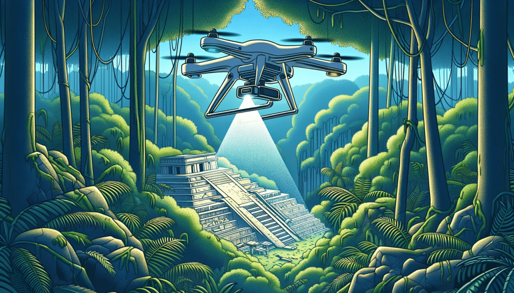 A cartoon style image showing a drone equipped with LiDAR technology flying over a dense jungle, uncovering hidden Mayan ruins.