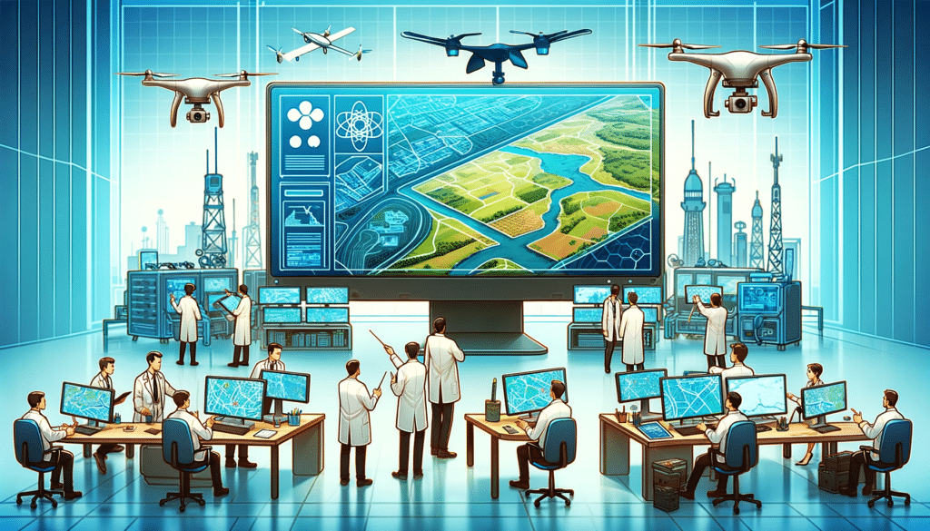 A cartoon style image depicting a high-tech laboratory with scientists and engineers analyzing orthomosaic maps on large screens.