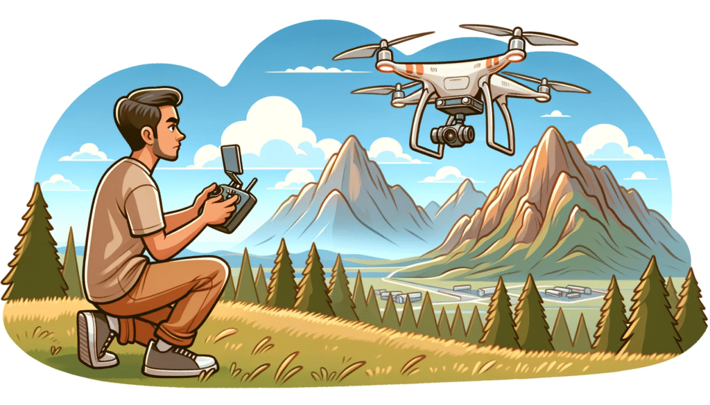 Cartoon image of a filmmaker using a drone to capture cinematic footage in a scenic landscape. The drone is flying above a beautiful mountain range