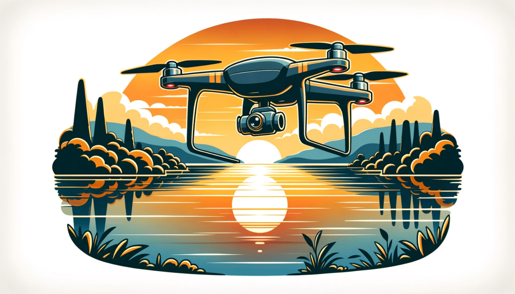 Cartoon image of a drone flying over a scenic lake with a sunset in the background, capturing stunning aerial views.