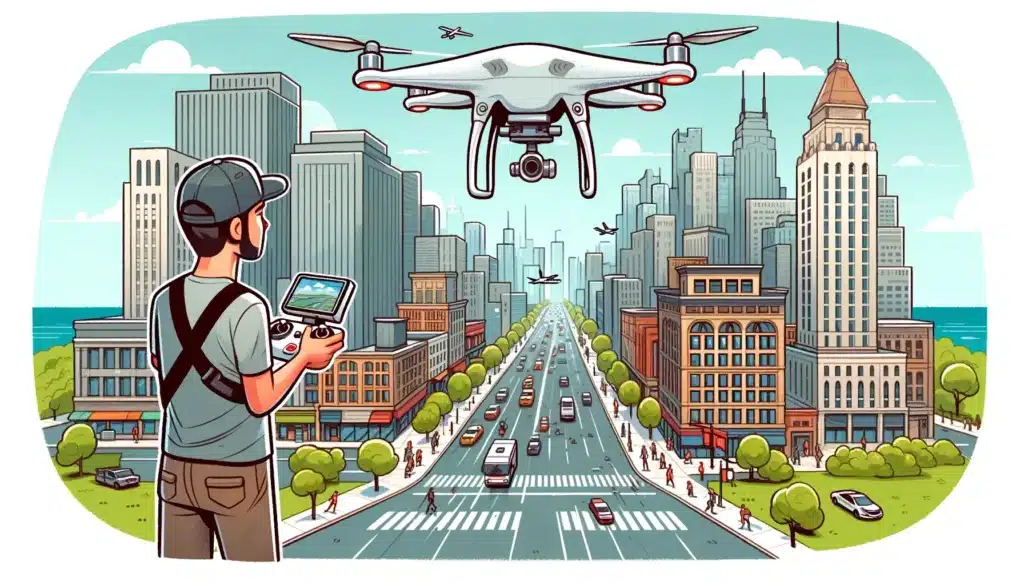 Cartoon image of a filmmaker in an urban setting, using a drone to capture a bird's eye view of city streets and buildings.