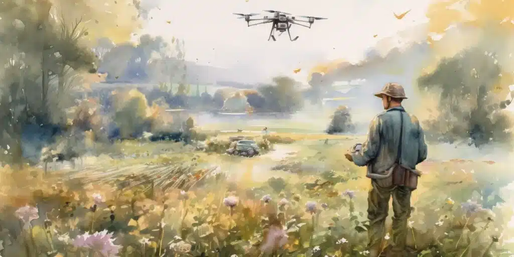 Watercolor Painting of Drone over field