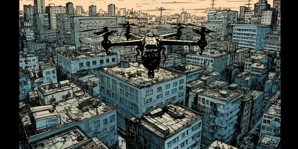 Comic Book Style Drone Flying Over City