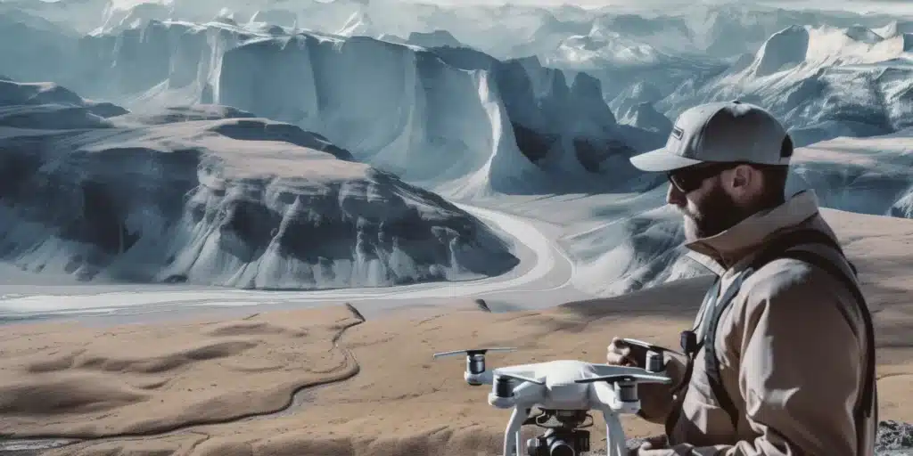 Drone Pilot Flying near a Glacier