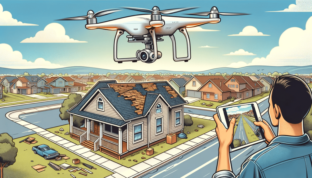 A cartoon-style image showing a drone conducting a roof inspection. The drone is equipped with a high-resolution camera and is flying over a residential area