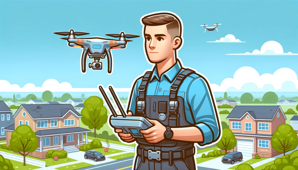 A cartoon-style image depicting a drone operator controlling a drone for a roof inspection. The operator is standing in a safe location, wearing safety vest