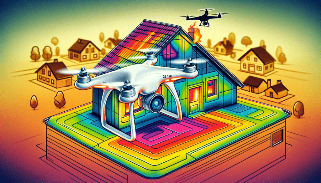 A cartoon-style image depicting a drone flying over a house with a thermal imaging camera, highlighting areas of heat loss.