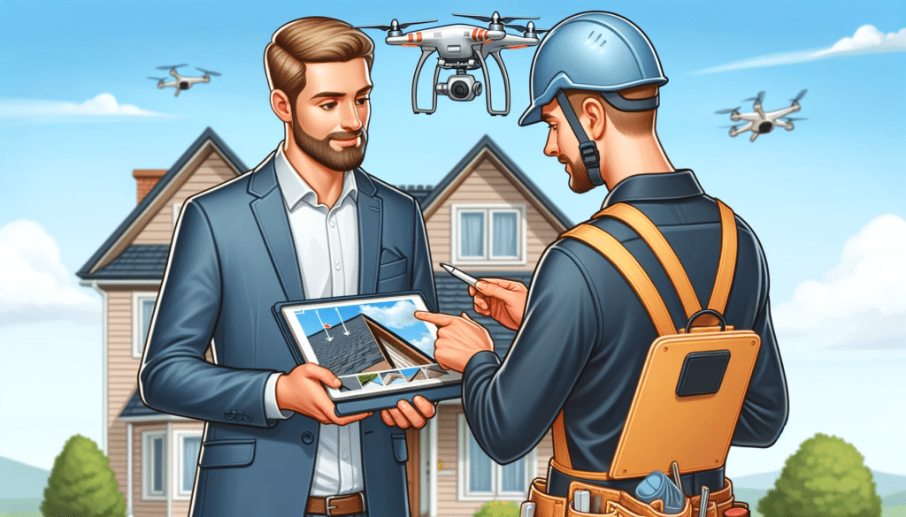 A cartoon-style image illustrating a client and a drone operator discussing a roof inspection report. The client is looking at a digital tablet display