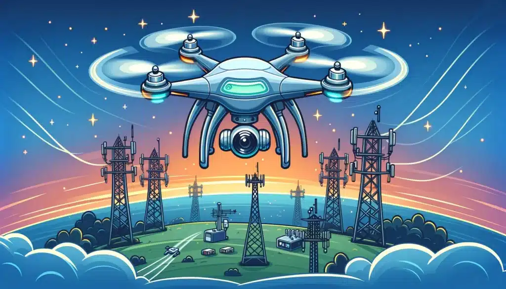 A cartoon style image of a drone flying at a high altitude near a cell tower, using advanced sensors to detect any issues or damage for maintenance