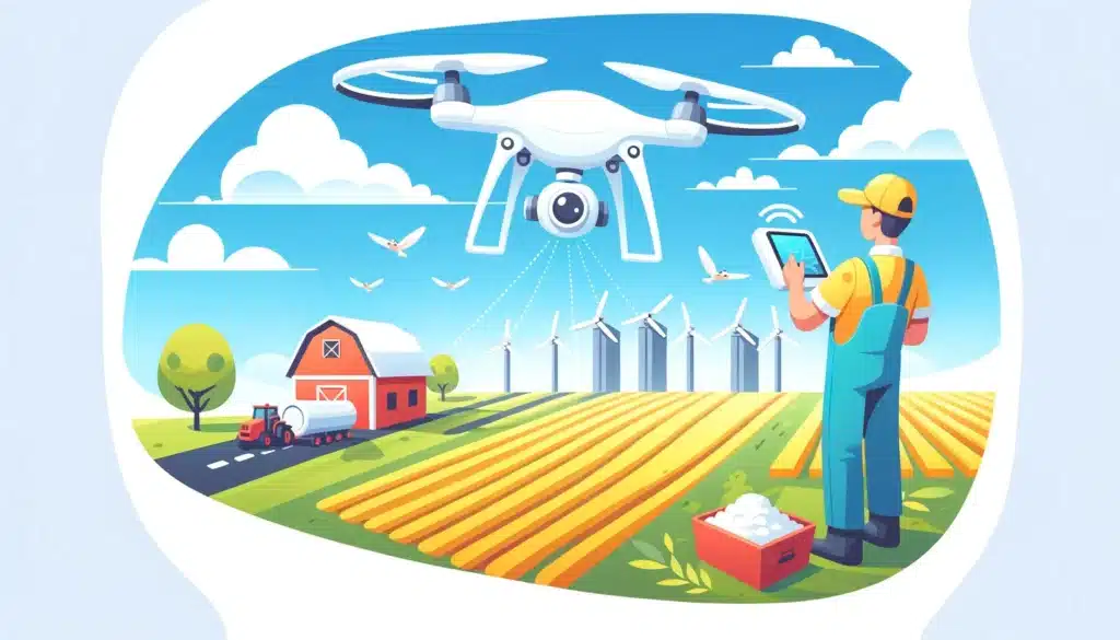 A cartoon style image of a drone pilot conducting agricultural surveys with a drone over a farm, representing the use of drones in agriculture