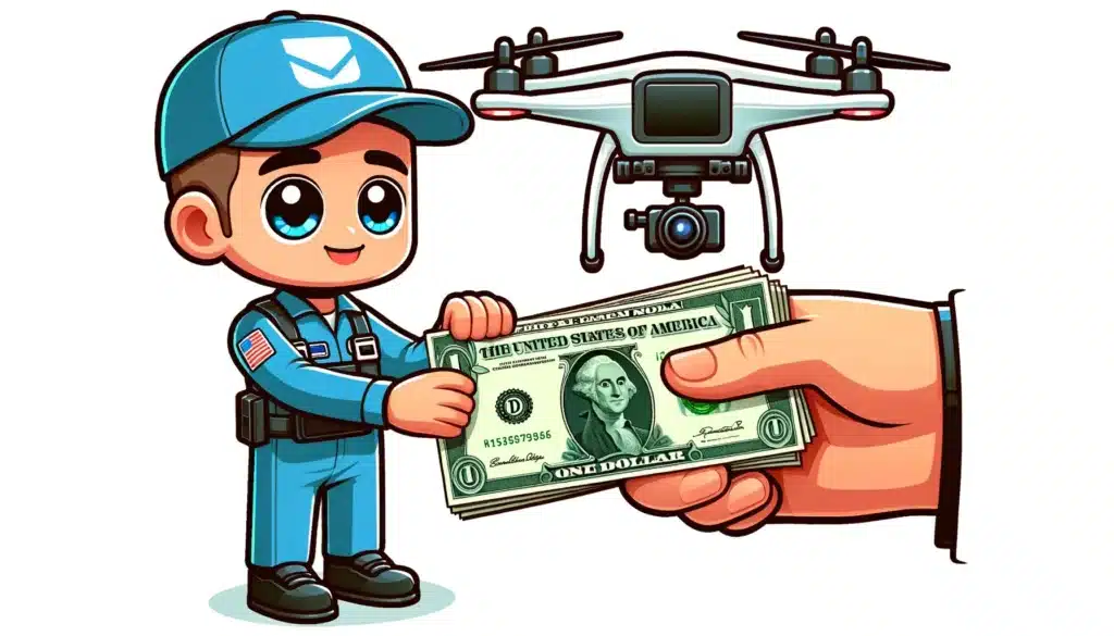 A cartoon style image of a drone pilot receiving a paycheck, symbolizing the financial rewards of being a professional drone pilot