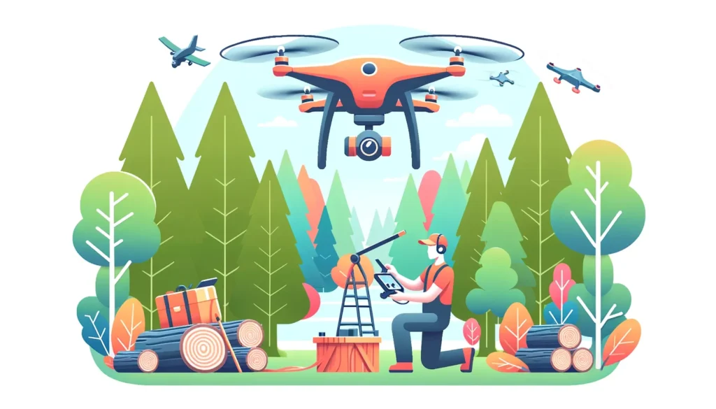 A cartoon style image of a drone pilot setting up a drone for environmental monitoring in a forest, highlighting the role of drones in environmental