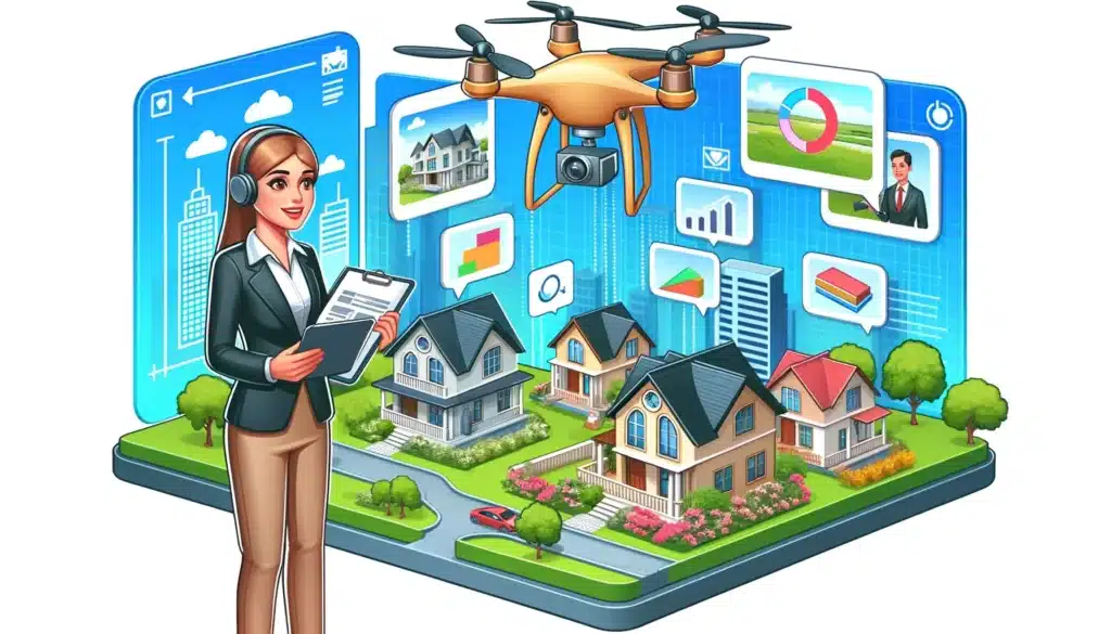 A cartoon style image of a real estate agent showing a client 3D property models and aerial images captured by drone photogrammetry