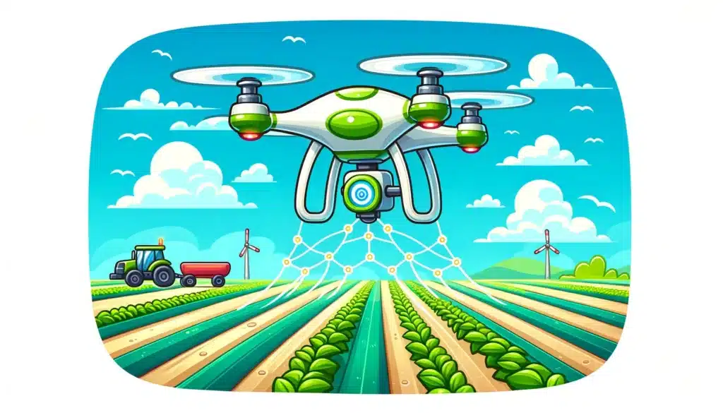 A cartoon style image of an agricultural drone flying over a farm field, equipped with sensors for monitoring soil moisture and irrigation
