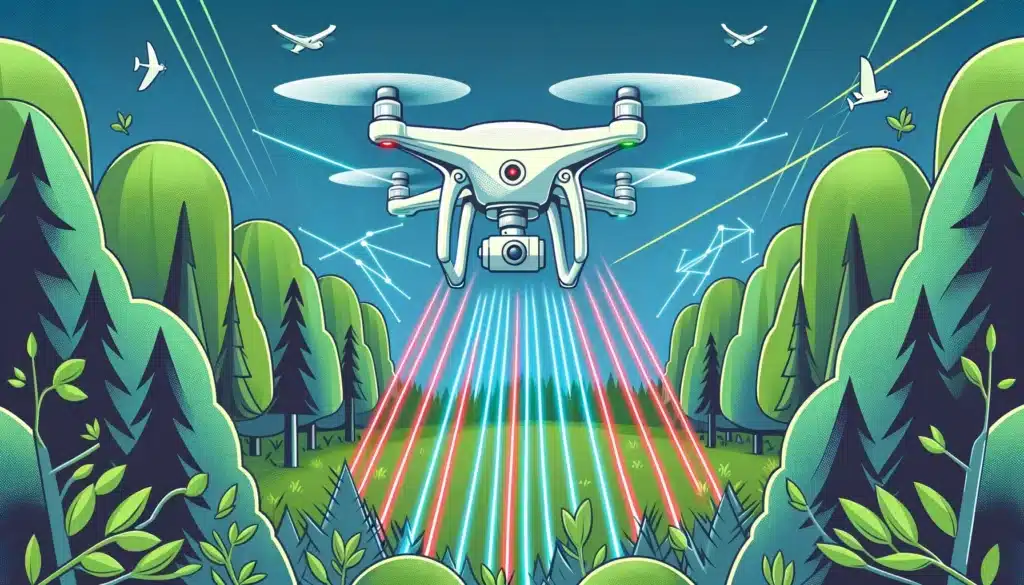 A cartoon style image showing a LiDAR-equipped drone flying over a forest, with laser beams penetrating through the foliage to map the ground