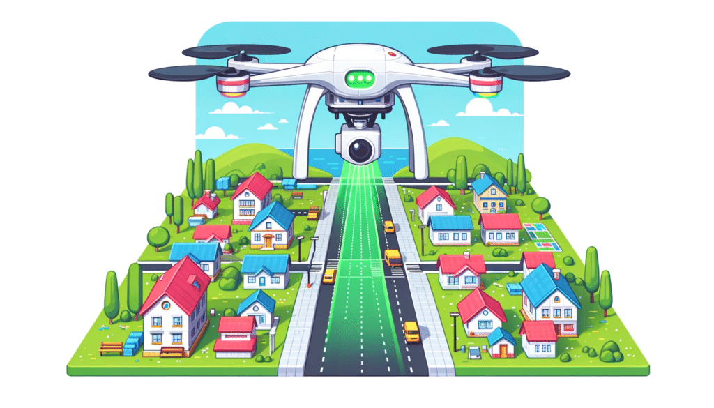 A cartoon style image of a small town with a drone flying overhead equipped with LiDAR technology, scanning the area