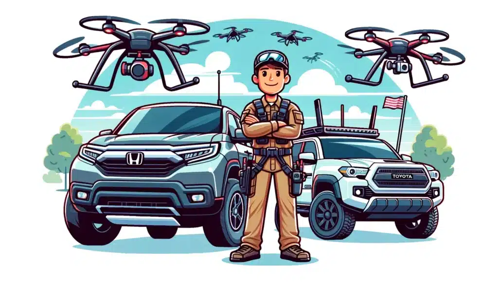 A cartoon style image of a drone pilot standing proudly next to a Honda Ridgeline, with a Toyota Tacoma in the background and drones flying overhead
