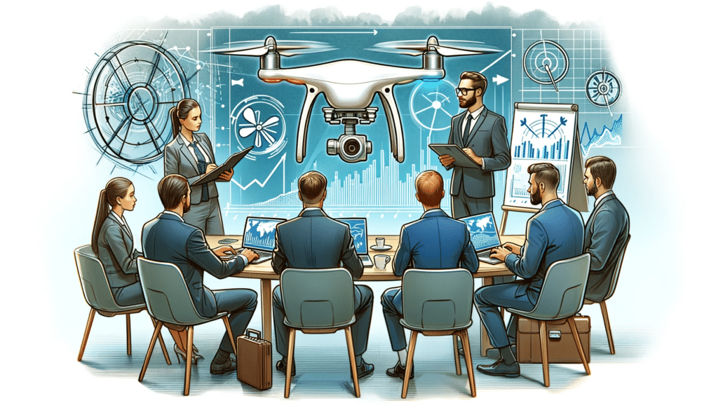 A cartoon-style image showing a business meeting focused on drone data analysis. The scene includes a group of professionals around a table