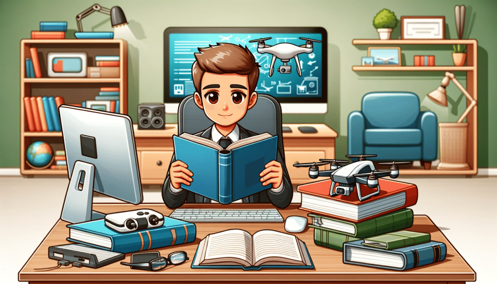 A cartoon-style image of a person studying a book and a computer screen, learning new drone technologies. The scene shows the person in a home office