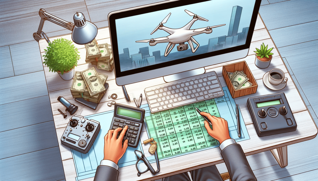 A cartoon-style image showing a person calculating finances on a computer in an office, with a drone and various drone equipment on the desk. This ima