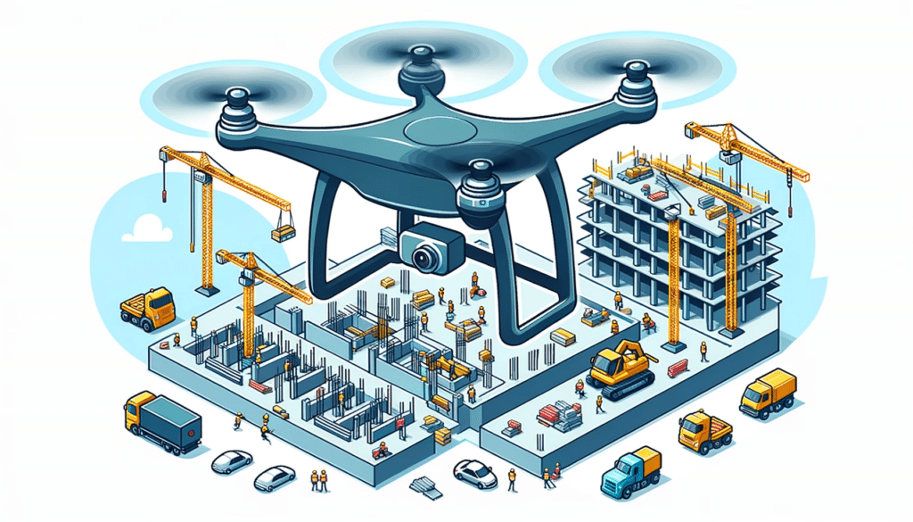 A cartoon style image of a drone inspecting a large construction site. The drone is hovering above the site, equipped with high-resolution cameras